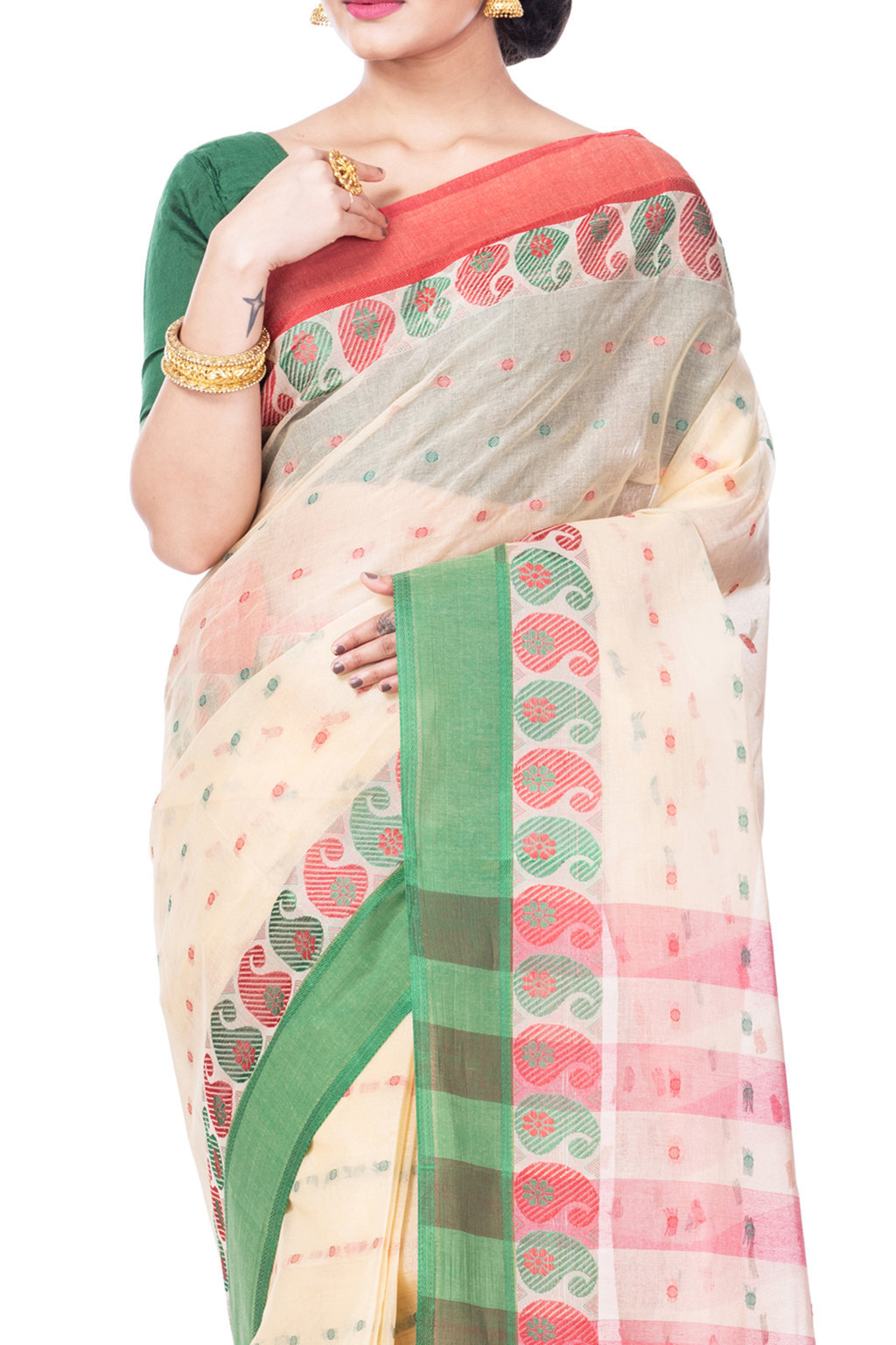 Off-White Pure Cotton Amkolka_Par Tant Saree (479)